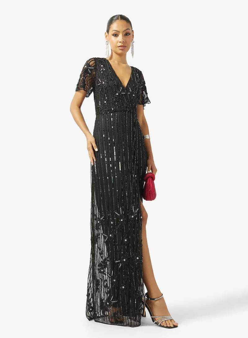 Namshi x  V Neck Bead Embellished Evening Gown with Slit for Women | Best Price UAE